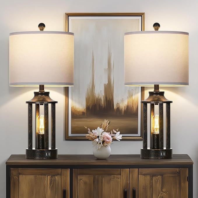 Farmhouse Table Lamps Set of 2, Vintage Living Room Lamps with 2 USB Ports, 3 Way Dimmable Touch Control Bedroom Lamp with 2 LED Nightlight, 23.5" Bedside Lamp for Nightstand Side End Table, Bronze
