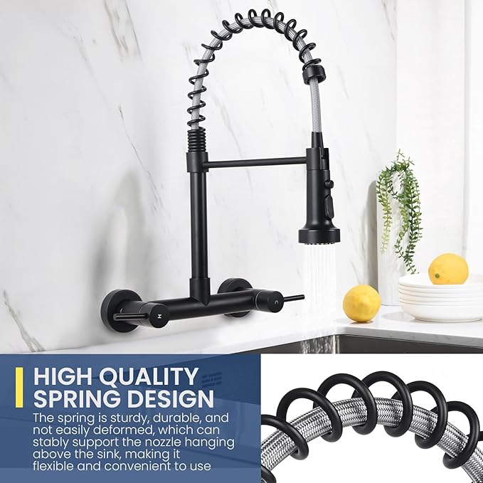 Wall Mount Kitchen Sink Faucet, 8 Inch Center Wall Mount Kitchen Faucets with 3-Function Pull Down Sprayer, Dual Handles Commercial Faucet for Kitchen Laundry Restaurant (Black)