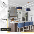 Drum Chandelier,18” Blue and Gold Round Ceiling Pendant Light Fixture Velvet Fabric Shade 4 Lights Modern Semi Flush Mount Hanging Chandelier for Dining Room Foyer Hallway