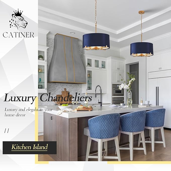 Drum Chandelier,18” Blue and Gold Round Ceiling Pendant Light Fixture Velvet Fabric Shade 4 Lights Modern Semi Flush Mount Hanging Chandelier for Dining Room Foyer Hallway