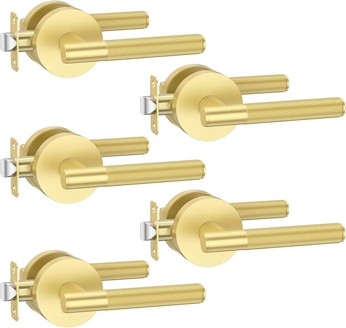 Amerdeco 5 Pack Brushed Gold Passage Knurled Door Handles, Heavy Duty Non-Locking Door Lever for Hall, Closet, Office Area, Shopping Malls AM0016