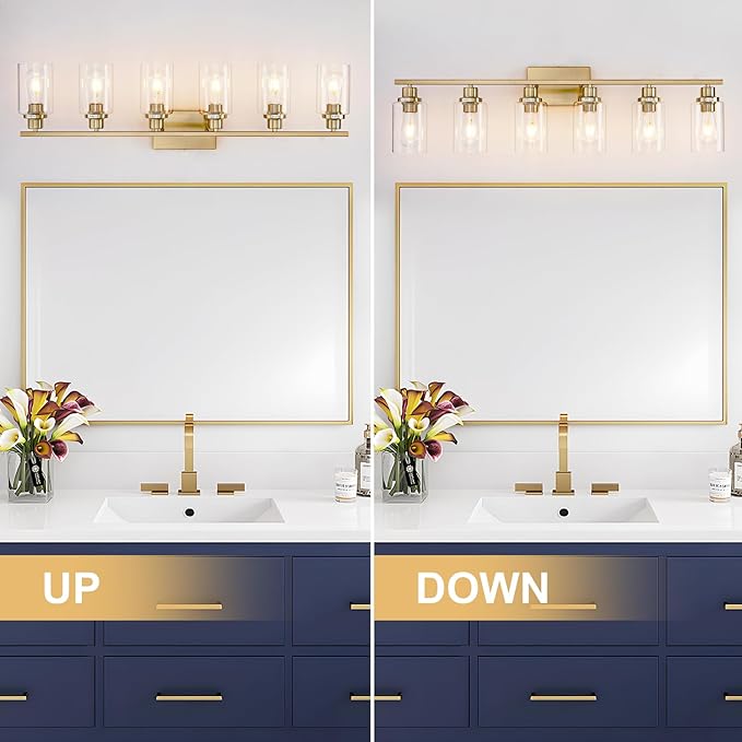 6 Light Gold Bathroom Light Fixtures Brushed Brass Vanity Light Over Mirror Modern Wall Lighting Sconces Wall Lamp for Bathroom, Bedroom, Living Room E26 Socket with Glass Shade