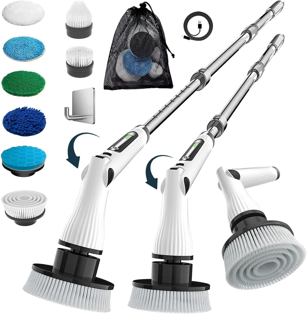 Electric Spin Scrubber, 8 in 1 Electric Cleaning Brush, Cordless Rechargeable Scrub Brush with 8 Replaceable Brush Heads, Adjustable Length and Angle Power Scrubber for Bathroom Tile Bathtub Glass