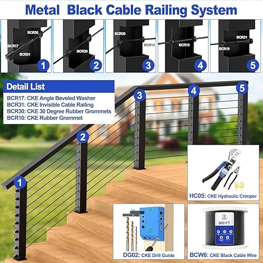 CKE 50 Pairs Black Invisible Cable Railing kit 1/8" Swage Tensioner Hardware and Terminal Hidden T316 Stainless Steel Invisible Receiver and Swage Stud End for 2"x2" 4"x4" Wood/Metal Post Deck Stairs