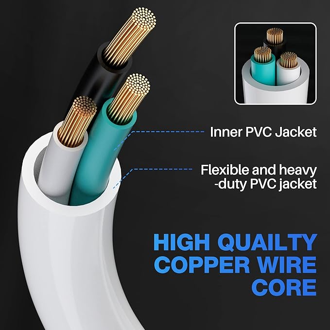 3 Prong Power Extension Cord with Multiple Outlets 6 FT, 16/3 Gauge Multi 3 Outlet Wire, 90 Degree Angled Male Plug, 16 AWG Grounded Wire (13A 125V 1625W), ETL Listed, White Cable with 25 Cable Ties