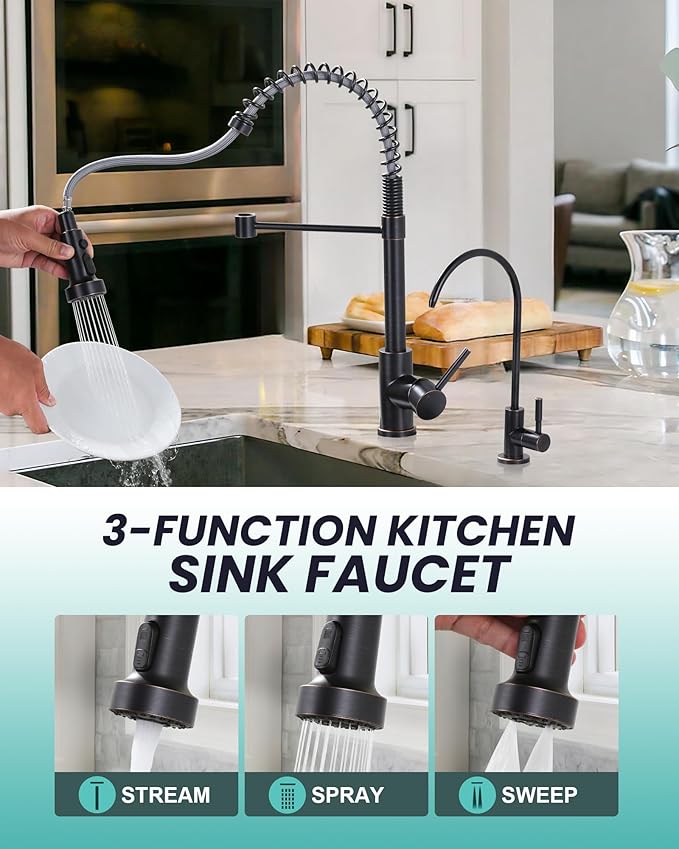Kitchen Faucet and Water Filter Faucet: Stainless Steel Kitchen Sink Faucet with Drinking Water Faucet - Oil Rubbed Bronze Single Handle Tap with Pull Down Sprayer for Kitchen Sink Farmhouse Bar