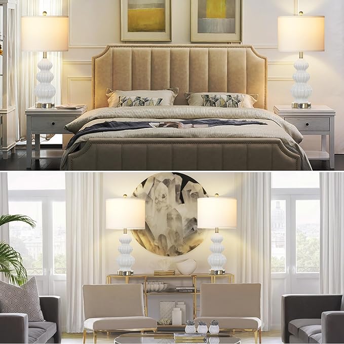 Triple Gourd Ceramic Table Lamps Set of 2, Modern White Bedside Lamps with USB A+C Ports & AC Outlet, 3 Way Touch Control Contemporary Nightstand Lamps for Bedroom Living Room