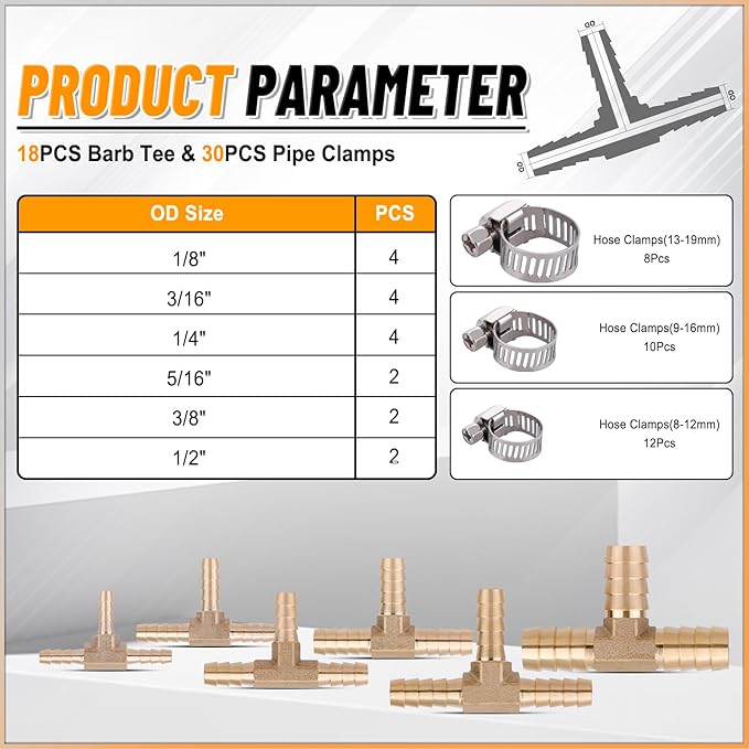 KOOTANS 18PCS Brass Hose Barb Fittings Barb Tee T-Fitting 3 Way Union Kit 1/8″ 3/16" 1/4" 5/16" 3/8" 1/2" Barbed Air Hose Fittings with 30pcs Pipe Clamps for Water Fuel Air Line Connector Fitting