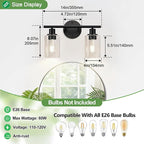 2-Light Bathroom Light Fixtures, Black Modern Vanity Lights with Clear Glass Shade, Bathroom Wall Lamp for Mirror Kitchen Living Room Hallway Cabinet Porch