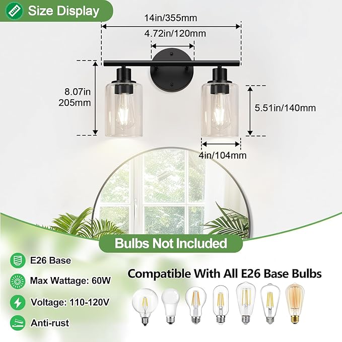 2-Light Bathroom Light Fixtures, Black Modern Vanity Lights with Clear Glass Shade, Bathroom Wall Lamp for Mirror Kitchen Living Room Hallway Cabinet Porch