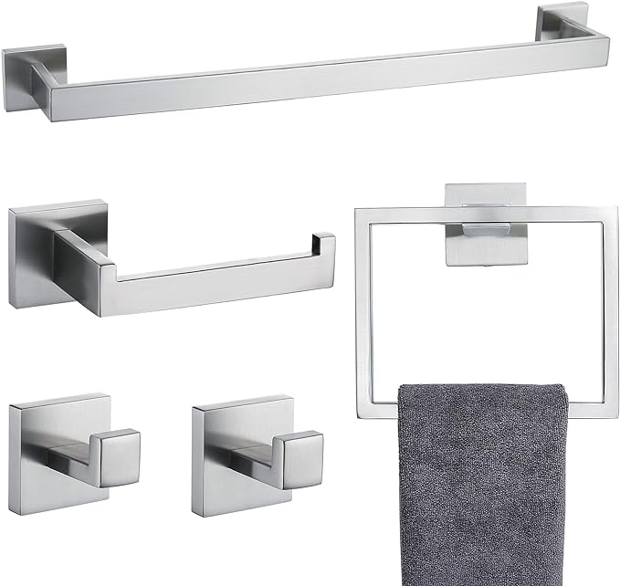 TNOMS Bathroom Towel Bar Set 5 Pieces Brushed Nickel Square Modern Bathroom Hardware Set,Stainless Steel Wall Mounted 23.6-Inch