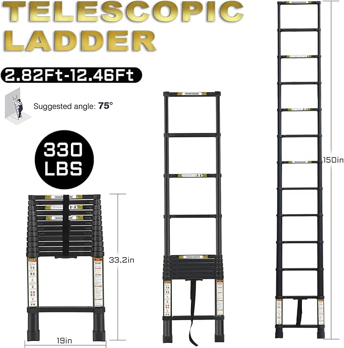 RIKADE Telescoping Ladder 12.5FT & Attic Ladder, Heavy Duty Aluminum with Non-Slip Feet, 330lb Capacity for RV, Attic, Roof & Multi-Surface Use