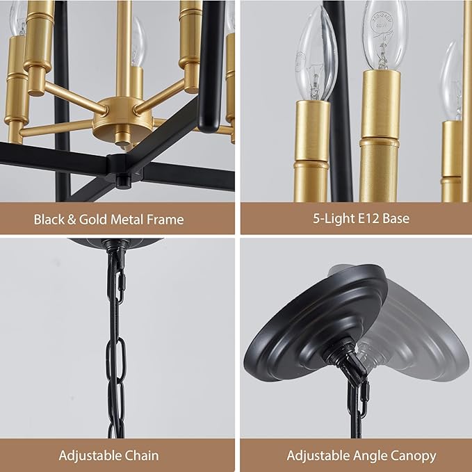 Black Gold Chandelier Light Fixture, Geometric Modern Farmhouse Pendant Light for Dining Living Room Entryway Kitchen Island Bedroom Chandelier, 5 Lights Metal Hanging Ceiling Light, 20 Inch