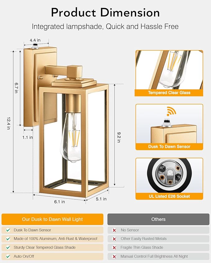 VIANIS Gold Outdoor Wall Light Dusk to Dawn Sensor, Exterior Wall Mount Sconces Lanterns Fixture for House, Golden Waterproof Aluminum Outside Wall Lamps for Patio, Porch Lighting for Garage Entryway