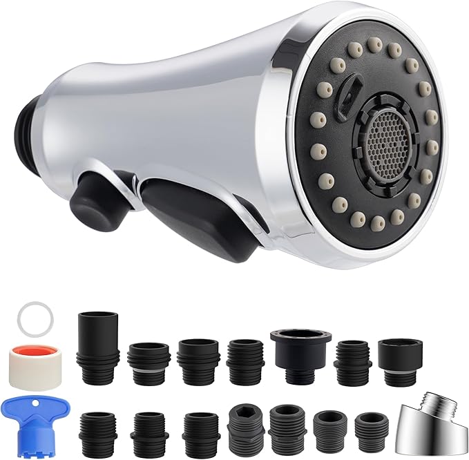 Hibbent Pull Down Kitchen Faucet Head Replacement, NSF/ANSI/CAN 61 & CUPC Certified 3-Function Sink Spray Nozzle with 15 Adapters Compatible with Moen, Delta, Kohler Faucets, Chrome