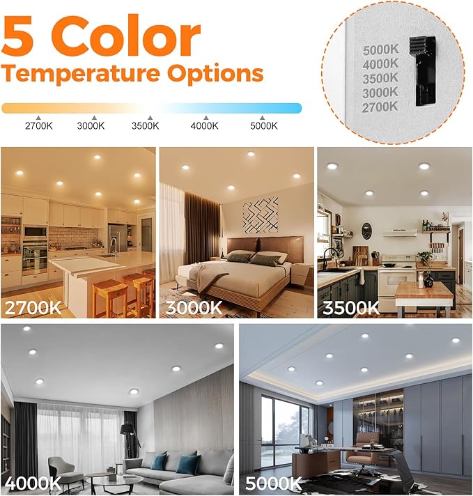 6 Pack 4 Inch LED Recessed Ceiling Lights with Night Light, Dimmable, 2700K-5000K 5 CCT Selectable, Canless Wafer Downlight with Junction Box, Ultra-Thin, 9W, ETL, White