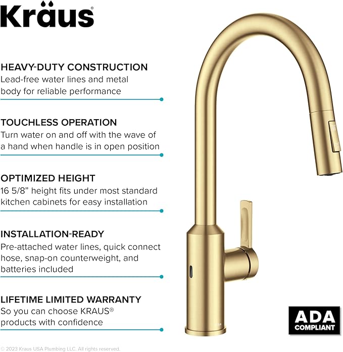 Kraus Oletto Kitchen Faucets Touchless Sensor Single Handle Pull-Down Sprayer in Brushed Brass, KSF-2830BB