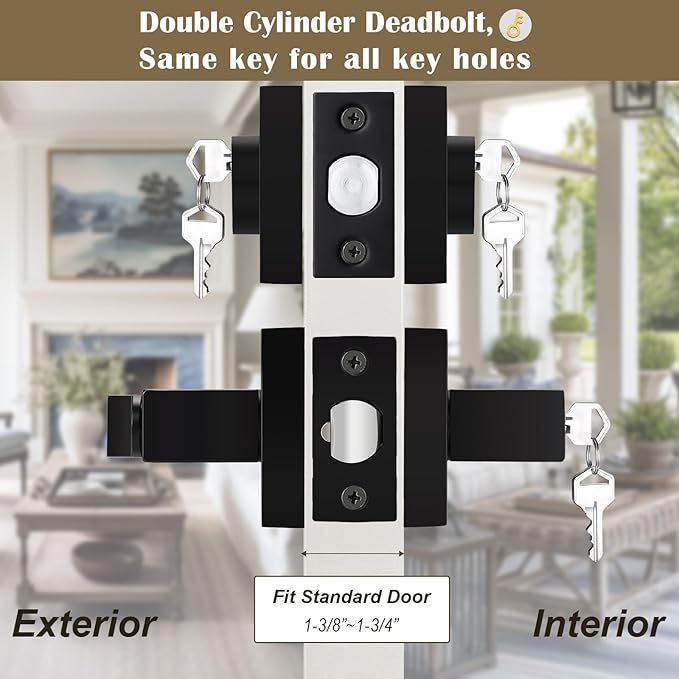 2 Pack Keyed Entry Door Lever and Double Cylinder Deadbolt Set, Keyed Alike Reversible Lockset, Matte Black Square Interior/Exterior Handleset for Bedroom, Front Door