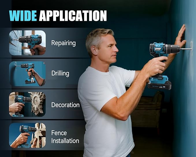 Tilswall 20V Cordless Drill, Power Drill with 65N.m High Torque, 18+1 Torque Settings, 1/2-Inch Keyless Chuck, Two Variable Speed, Battery and Charger, with LED for Craftsmen DIY