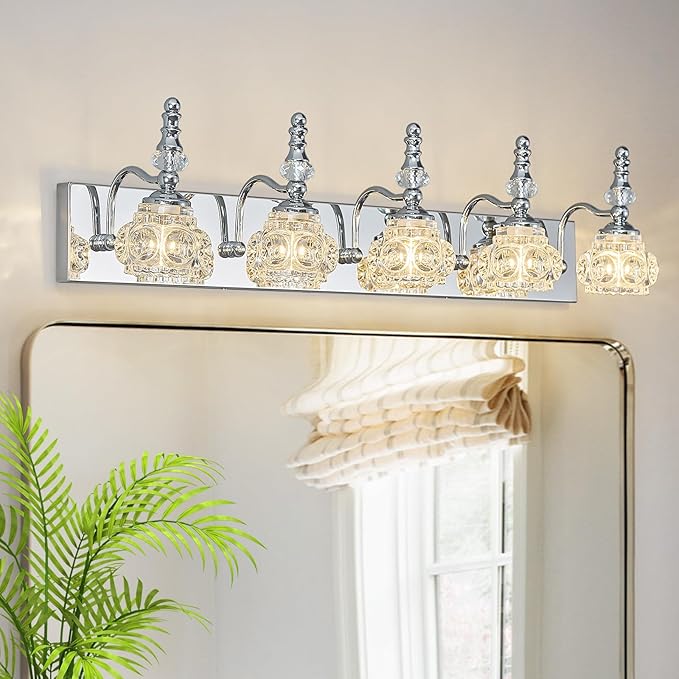 Modern Glass Crystal Vanity Light - Vintage Bathroom Lighting Fixtures Over Mirror, 5 Light Vanity Lights, G9 Bulb (35.43 Inch, Chrome)