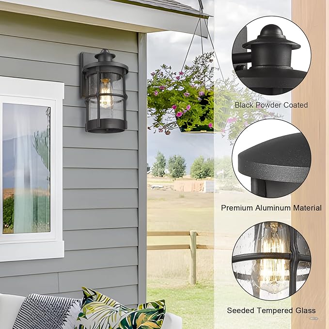Outdoor Wall Sconces - Exterior Wall Mount Lighting Fixture in Black Finish with Seeded Glass (2 Pack)