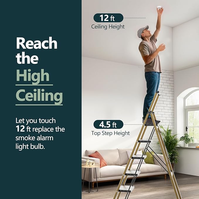 WOA WOA 6 Step Ladder, Lightweight Folding Ladder with Non-Slip Wide Pedals, Ladder with Safe Grip Handle, Easy to Open and Close, Suitable for Home and Outdoor - Brown Gold