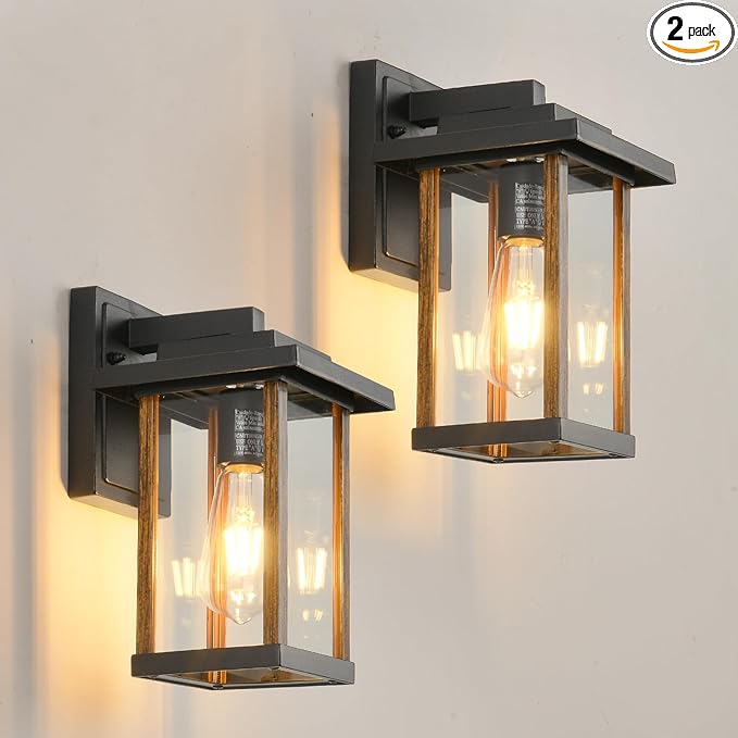 Outdoor Wall Sconce, Outside Porch Light Fixtures, Anti-Rust Exterior Wall Lights in Wood Grain & Black Finish with Clear Glass for Garage Doorway Entryway, 2 Pack