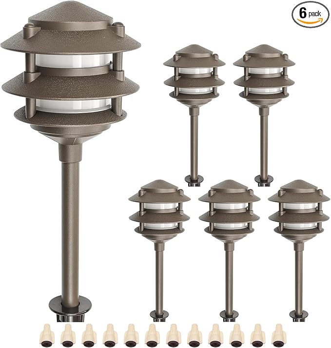 Lumina Lighting® Low Voltage Landscape Lighting Cast-Aluminum Pagoda Path and Area Light Warm White 4W G4 LED Bulb and ABS Ground Stake Included for Yard Walkway Lawn PAL0103-BZLED6 (Bronze, 6-Pack)