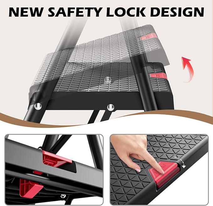 KINGRACK Step Ladder, Portable Folding Step Stool with Anti-Slip Wide Pedals, Heavy Sturdy Steel with Handrail, Safe-Lock Design, 800lbs Load Capacity, for Home and Kitchen, Black (4 Step Ladder)