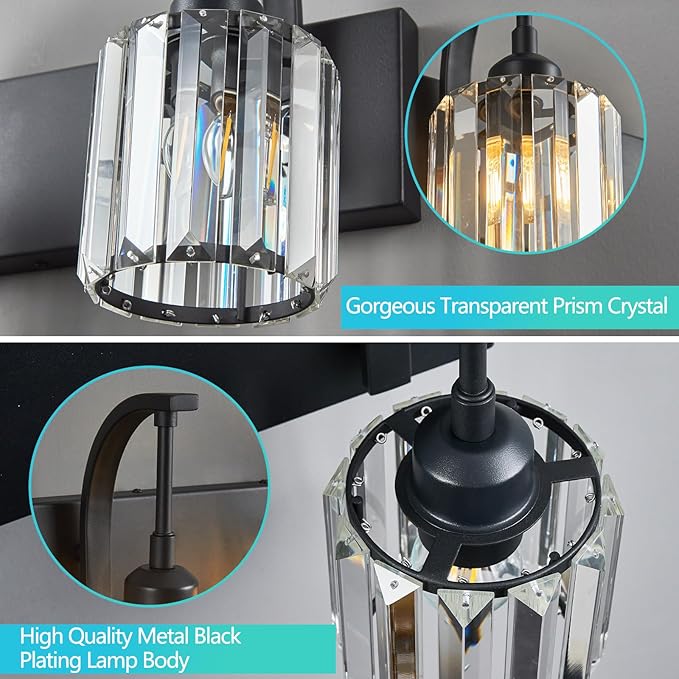 Bathroom Crystal Vanity Lights 2-Light Black Wall Lamp Modern Crystal Bathroom Light Fixtures Over Mirror 13.77" Long Wall Sconce