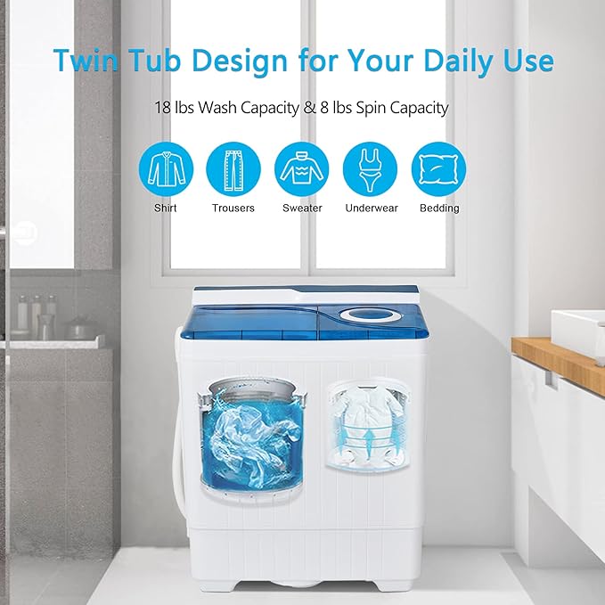 COSTWAY Portable Washing Machine Twin Tub 26 Lbs Capacity, 18 Lbs 8 Lbs Spinner, Compact Control Knobs Timer Function, Drain Pump, Laundry washer, for Apartment RV, Blue