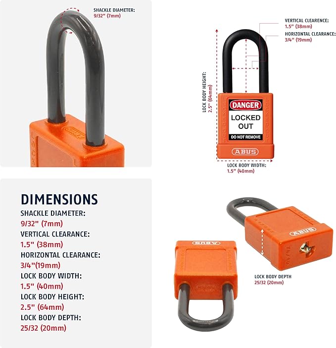 ABUS Orange Pack of 10 Lockout Tagout Premium Solid Body Safety Padlock Set - OSHA Compliant Loto Locks Insulated Against Electric Shock, Keyed Different, 1 Key Per Lock