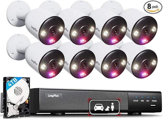 LongPlus 4K Home Security Camera System, 12MP H.265+ 16CH NVR with 4TB HDD for 24-7 Recordings, 8pcs Wired PoE Security Camera System, Person Vehicle Pet Detection, CCTV for Businesses Home, LP8MEF8B1