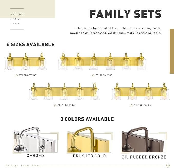 zeyu 44 Inch Brushed Gold Bathroom Light Fixtures, 6 Lights Vintage Wall Light, Modern Vanity Light with Clear Glass Shade, ZSL72B-6W BG