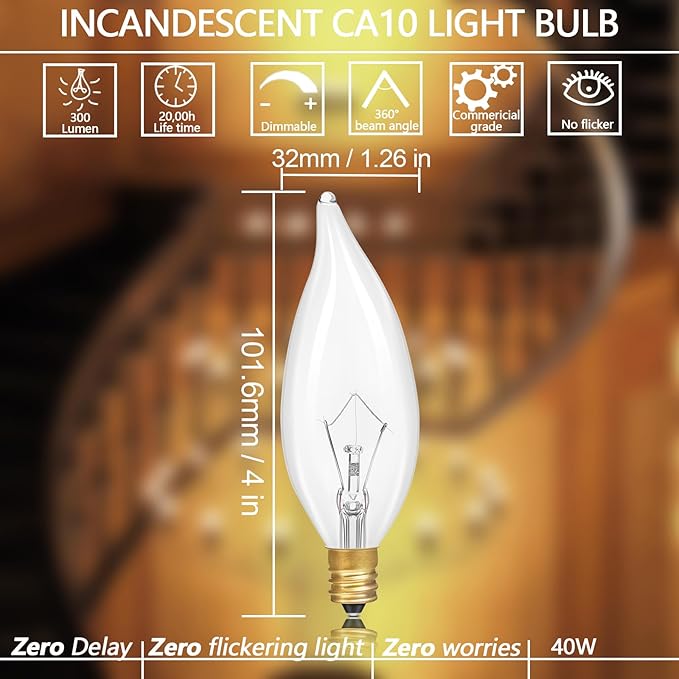 Potanro E12 Incandescent Light Bulbs 40Watt Warm White 2700K, 300 Lumens Candelabra Light Bulbs Dimmable Decorative Chandelier for Ceiling Fan, Pendants (40W-12Pack)