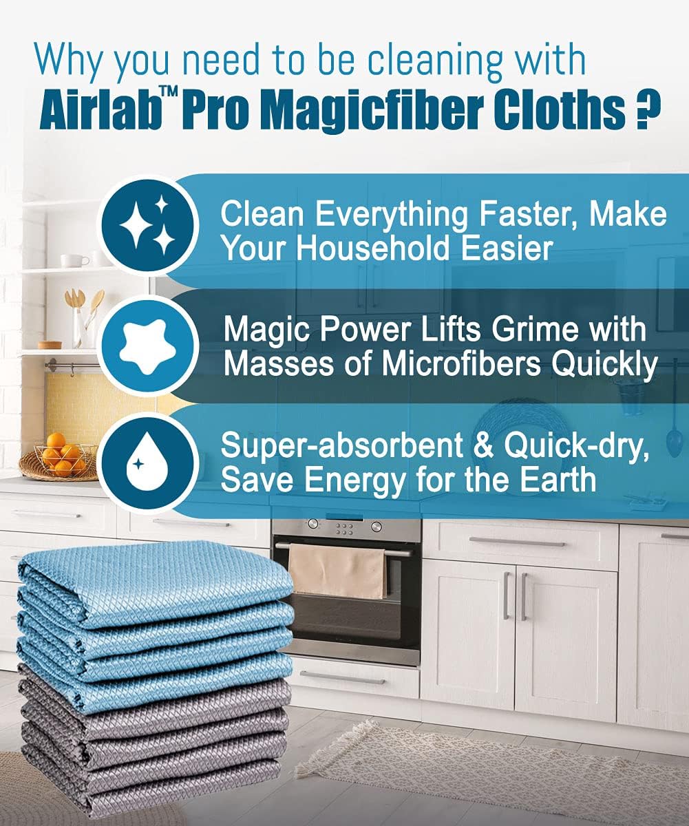 Airlab Streak Free Miracle Cleaning Cloths Easy Clean Nanoscale, Pack of 8, 12'' x 16'', Microfiber Polishing Windows Glass Lint Free Rags Stainless Steel Car Kitchen Reusable