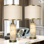 27" Natural Alabaster Table Lamps Set of 2, Lamps for Living Room Bedroom,Bedside Lamps with Night Light,Nightstand Lamp with USB A+C Ports,Modern Table Lamp with Linen Shade (Bulbs Included)