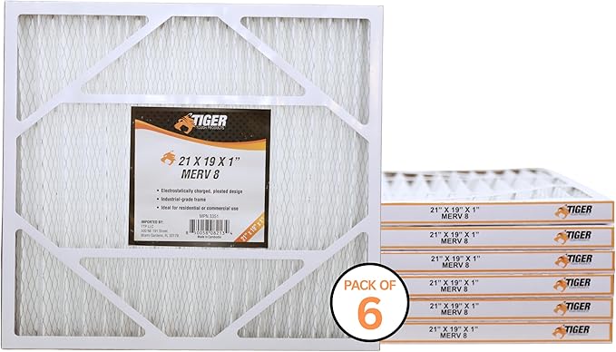 Tiger Tough 21x19x1 MERV 8 MPR 600-800 Air Filter, High-Performance AC Furnace & HVAC Filter, 6-Pack