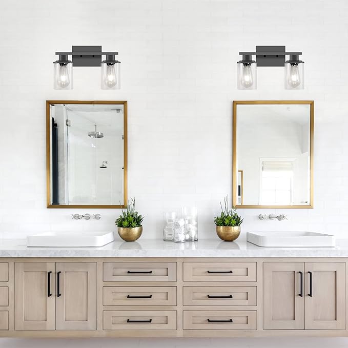 Bathroom Vanity Light, 2-Light Modern Matte Wall Sconce Lighting with Clear Glass Shade, Wall Lights,Bath Vintage Wall Mounted Lamps for Mirror Bedroom Living Room