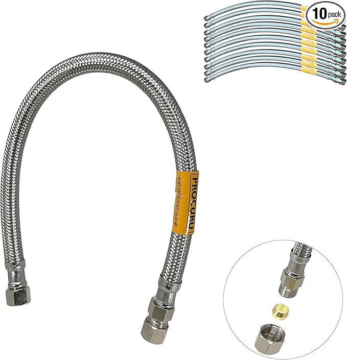 PROCURU 10-Pack 16-Inch Faucet Supply Extension, 3/8 OD Comp (Male) x 3/8 Comp (Female), Stainless Steel Braided Faucet Connetor Hose, Certified Safe (9SFD16-10P)
