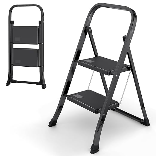 Lifetime Home 2-Step Ladder with Wide Anti-Slip Platform & Thick Rubber Feet - Lightweight Heavy Duty Foldable & Portable - 330 lbs Capacity, Steel Frame, Rubber Handgrip, Folding Step Stool - Black