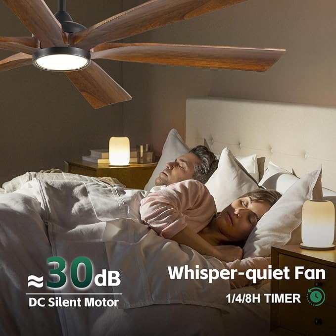 60 Inch Indoor Outdoor Ceiling Fan with Light and Remote - 6 Solid Wood Blades, High CFM Quiet Reversible Energy Efficient DC Motor, 6/12/24 Inch Down-rod, Damp-rated for Patios Porch Gazebo Garage