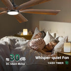 60 Inch Indoor Outdoor Ceiling Fan with Light and Remote - 6 Solid Wood Blades, High CFM Quiet Reversible Energy Efficient DC Motor, 6/12/24 Inch Down-rod, Damp-rated for Patios Porch Gazebo Garage