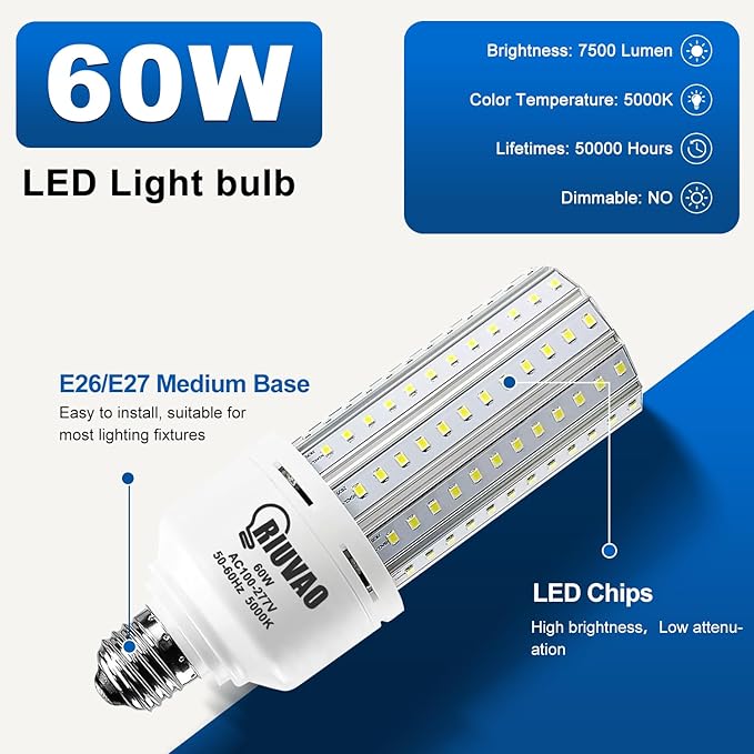 2 Pack 60W LED Corn Light Bulb 500W Equivalent Bulb 7500 Lumen 5000K Cool Daylight White E26/E27 Medium Base for Outdoor Indoor Large Area Garage Warehouse Factory Backyard