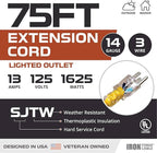 Iron Forge Cable Weatherproof 75 Ft Outdoor Extension Cord - 14/3 SJTW 13 Amp Heavy Duty Yellow Extension Cord 3 Prong - Lighted End