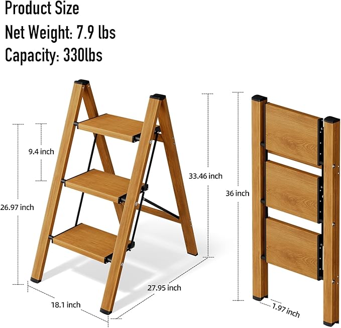 3 Step Ladder,Aluminum Folding Step Stool for Adults,Step Ladder with Wide Anti-Slip Pedal,330 lbs Capacity for Home,Office,Kitchen,Library(Woodgrain