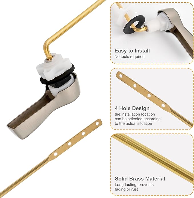 Hibbent Universal Metal Front Mount Toilet Handle Replacement Kit, Brass Toilet Flush Tank Lever with Stainless Steel Flapper Chains for Most Toilets, Brushed Nickel Finish