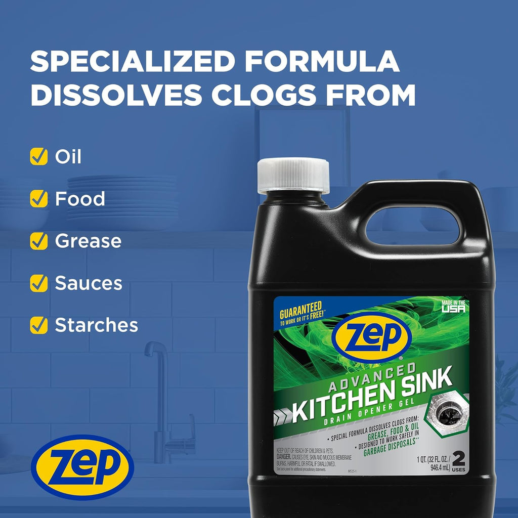 Zep Advanced Kitchen Drain Opener 32 oz (Case of 12) U49710 - Formulated for Grease, Food, and Oil-Safe for Garbage Disposal
