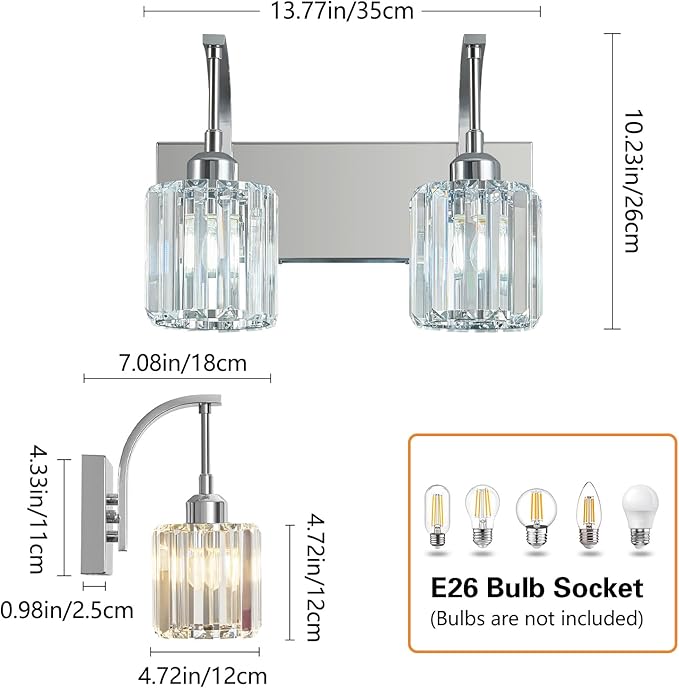 Bathroom Crystal Vanity Lights 2-Light Chrome Wall Lamp Modern Crystal Bathroom Light Fixtures Over Mirror 13.77" Long Wall Sconce