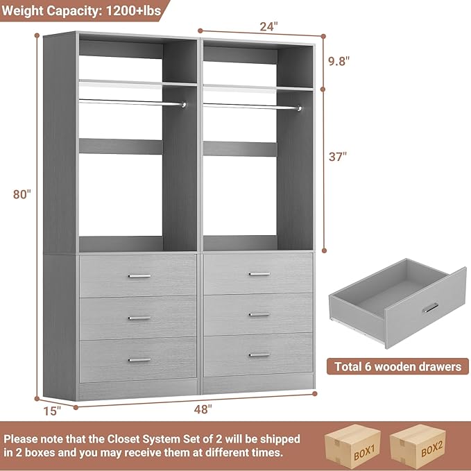 Closet System Set of 2, 4FT Closet Systems with 6 Wood Drawers, 48" Closet Organizer System with 2 Hanging Rods & 2 Shelves, Heavy Duty 48 Inch Walk-in Closet, Grey (48"L x 15" W x 80" H)